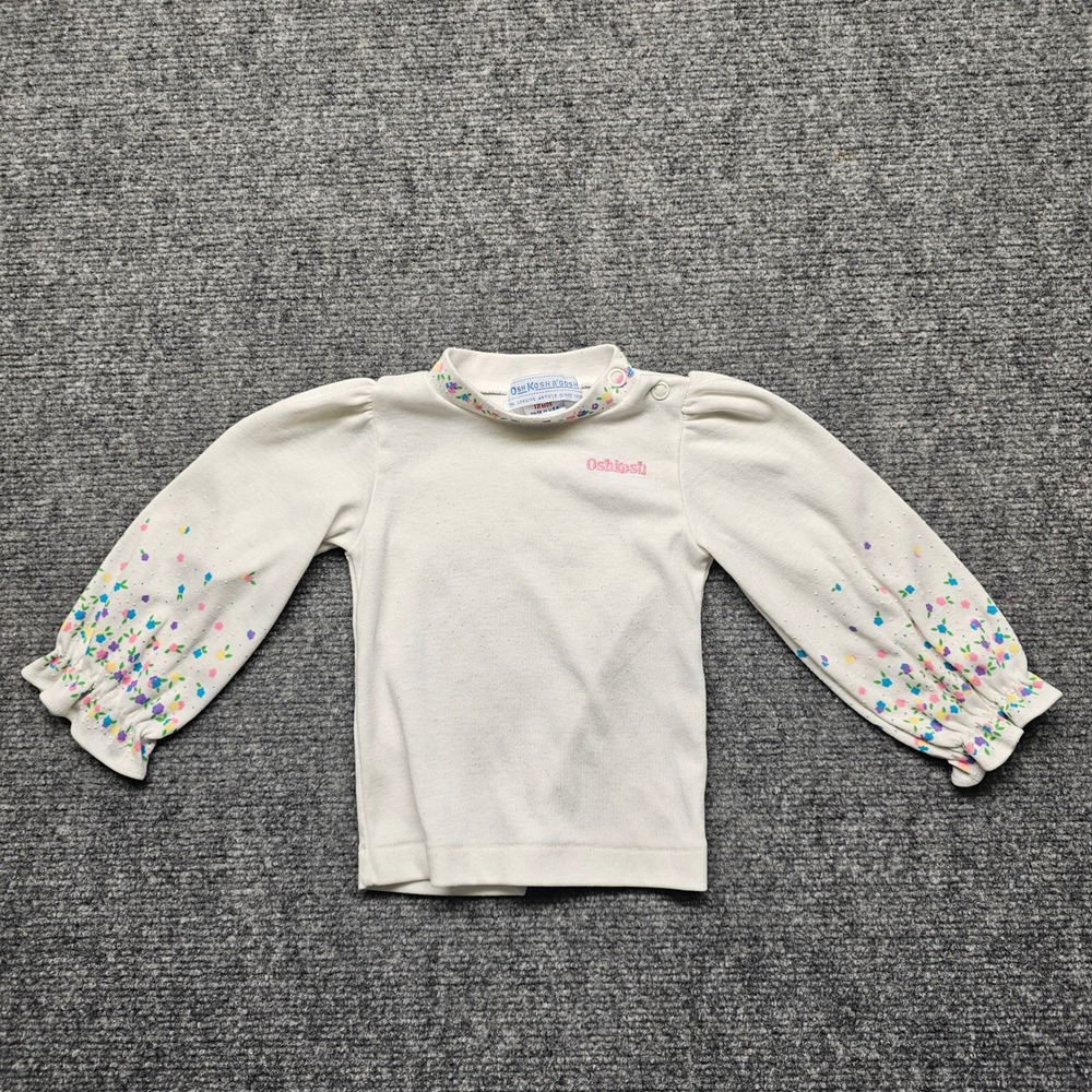 Vintage OshKosh B'gosh Baby Girls Floral Mock Neck Puffy Sleeve Top 12M USA Made